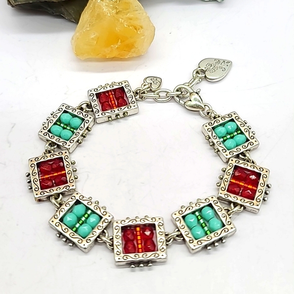 Brighton "BEDAZZLED" Red & Turquoise Crystal Beads & Heart Charm Link Bracelet! - Picture 2 of 10